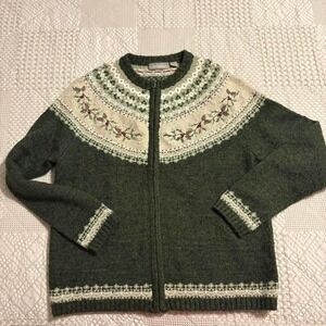 Croft & Barrow Wool/ Silk green sweater with red beaded pine cone embroidery